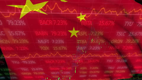 Chinese Flag Overlay on Stock Market Trading Data Animation