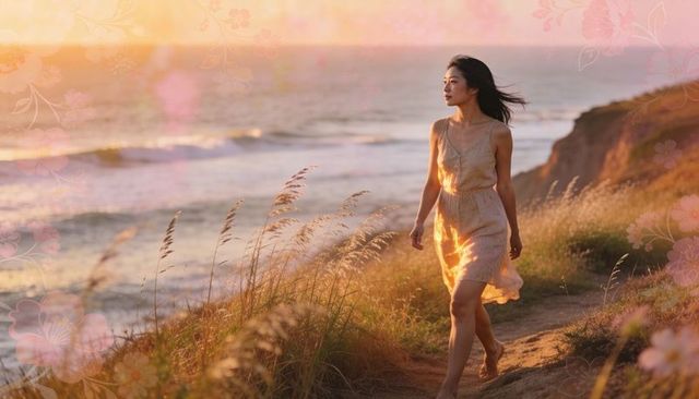 Sunlit barefoot asian woman walking coastal bluff at sunset wearing flowing sundress