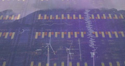 Wind farm with digital analytics overlays illustrating renewable energy