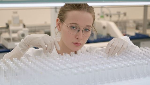 Young researcher examining test tube tray at sterile lab bench