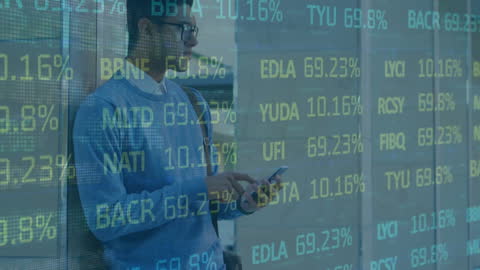 Businessman Using Smartphone with Projected Stock Market Data