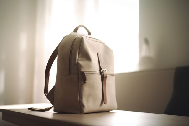 A stylish beige backpack sits on a wooden table in a sunlit room. The bag features leather straps and a zipper, making it a chic, practical accessory for everyday use. Ideal for use in lifestyle blogs, fashion articles, advertisements, or social media posts promoting travel, education, or urban living.