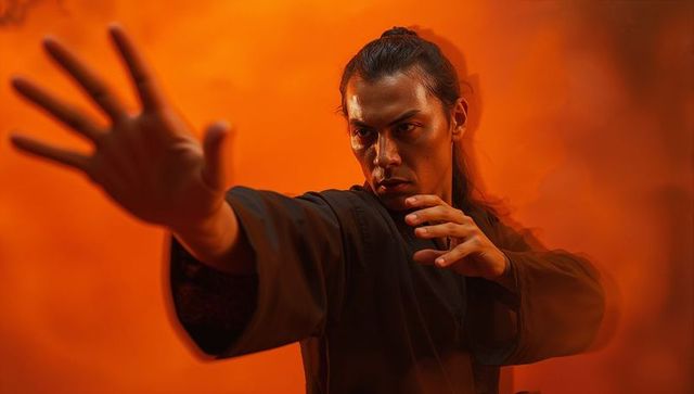 Martial artist in fighting stance amidst dramatic orange background