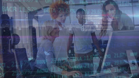 Diverse Team Collaborating in Modern Data-Driven Office Environment