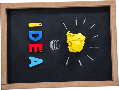 Colorful idea text and crumpled paper lightbulb on transparent chalkboard
