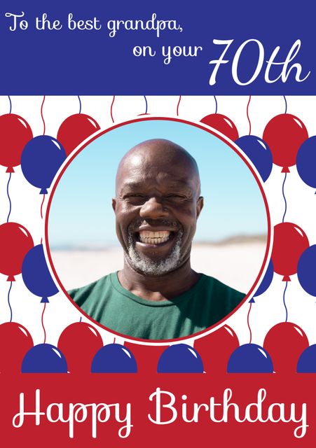 Perfect for celebrating a special milestone, this cheerful birthday card features a smiling African American senior man with vibrant blue and red balloons. Suitable for personalized birthday messages or for sending warm wishes to the best grandpa on his 70th birthday.