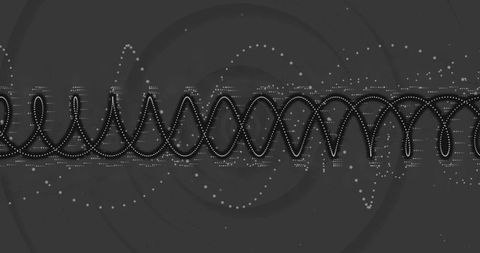 Monochrome data waveform with dotted ribbon, concentric rings and abstract digital flow