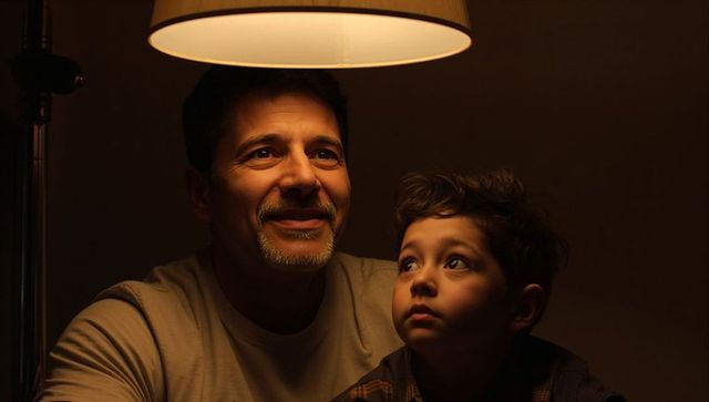 Smiling father and curious son bathed in warm lamp glow sharing intimate bedtime moment