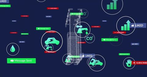 Visualizing smart energy and EV metrics on futuristic navy dashboard with wireframe tower icons
