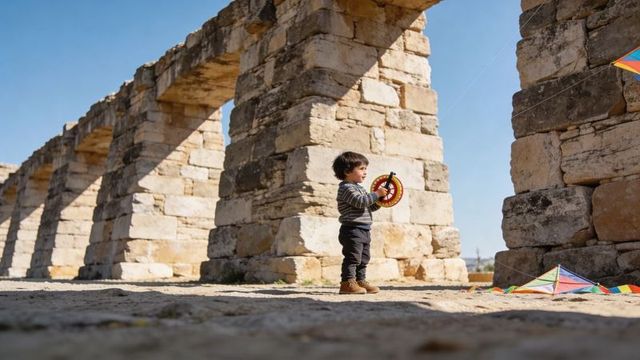 Toddler holding kite reel playing near ancient limestone aqueduct arches on sunny day