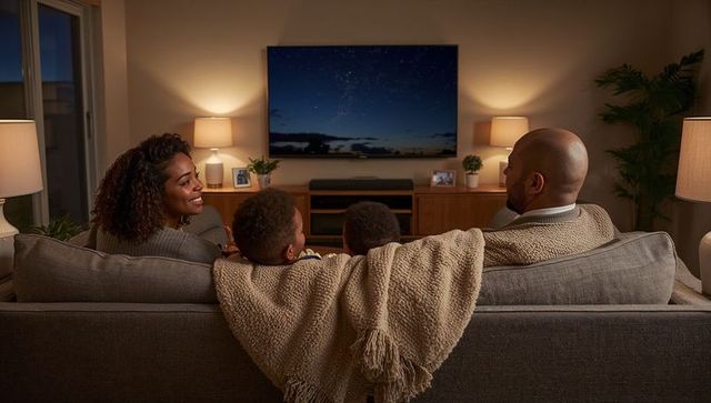 Family of four watching TV on cozy gray sofa in warm living room for evening relaxation