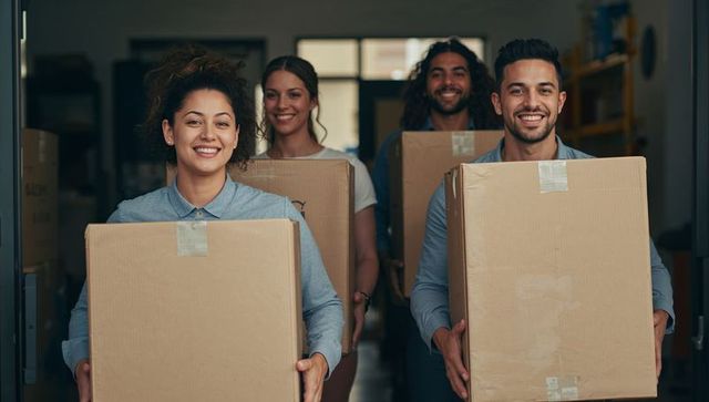Smiling Team Moving Boxes Through Warehouse Hallway Carrying Sealed Boxes in Casual Clothes