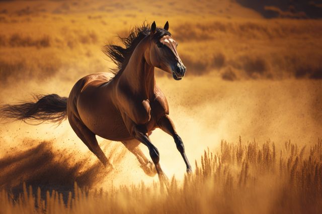 Brown horse galloping through a sunlit field with a golden glow. Great for themes of freedom, strength, and nature. Ideal for websites, marketing materials, or artwork focused on wildlife, horse lovers, or outdoor activities.