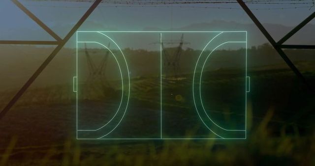 Futuristic Holographic Soccer Field Over Open Landscape