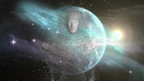 Digital Human Face Emerging from a Technological Globe