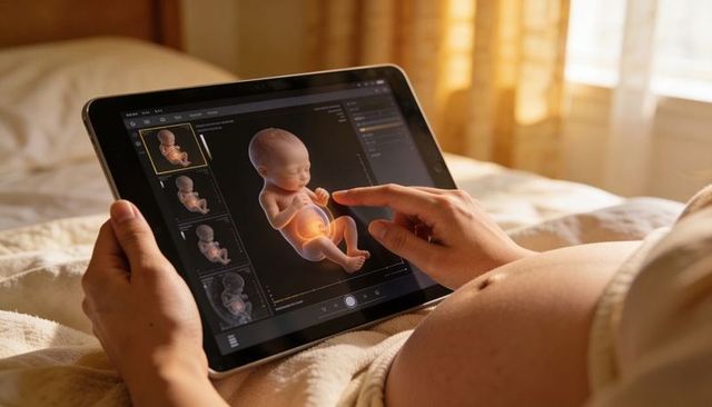 Pregnant woman viewing interactive 3d fetal render on tablet while reclining on bed