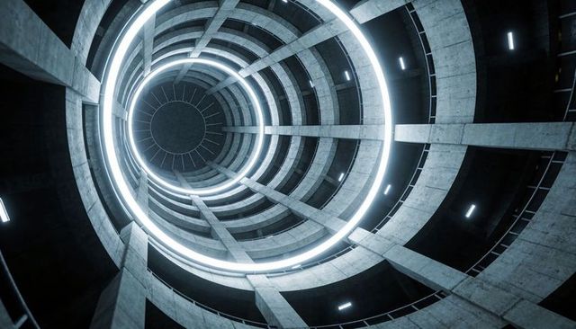 Spiral concrete parking ramp drawing eye upward with glowing led rings