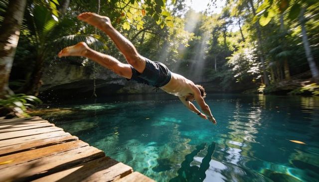 Sunlit cenote dive: shirtless man leaping from wooden dock into turquoise water