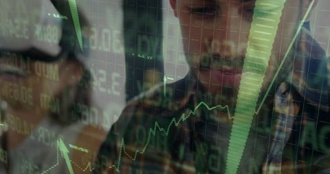 Business analysts examining digital stock market data reflecting on glass screen