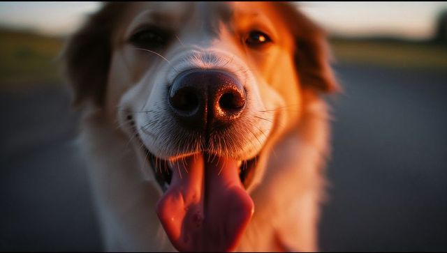 Panting tan-and-white dog filling frame at sunset golden hour closeup