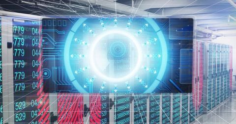 Holographic HUD projecting blue rings over server aisle in futuristic datacenter