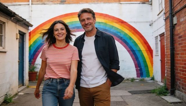 Smiling couple walking past vibrant rainbow mural in sunlit urban alleyway