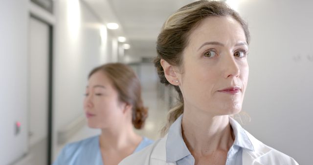 Image showing a confident female doctor in the foreground with a nurse standing slightly behind her in a hospital corridor. This image can be used for medical and healthcare contexts, representing teamwork, professionalism, and patient care in a healthcare setting.