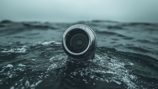 Floating waterproof camera lens housing bobbing in moody ocean water with droplets