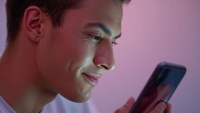 Dimpled teen smiling at smartphone under neon led glow, closeup portrait