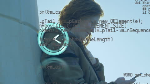 Time Management in Digital Age: Woman with Smartphone and Data Overlay