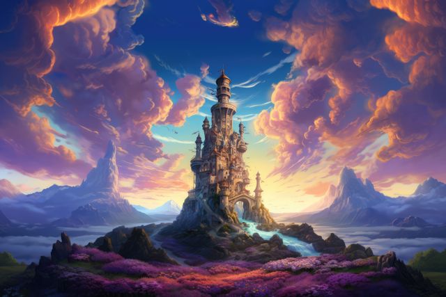 Tower with meadow and mountains over blue sky with clouds, created using generative ai technology. Fantasy, fairy tale and landscape concept digitally generated image.