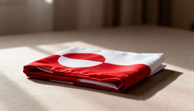 Resting folded red white textile featuring bold circular motif in warm sunlight