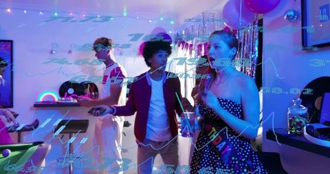 Birthday party neon retro rec room celebrating young woman with sash by pool table