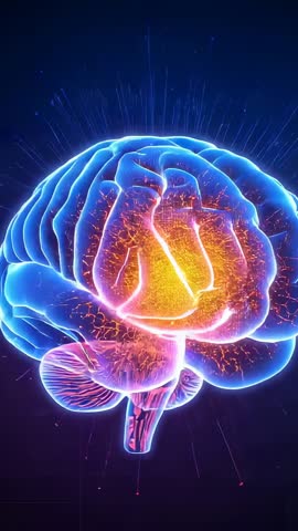 Neon Brain Rotating with Electric Neural Sparks Futuristic Vertical Tech Animation