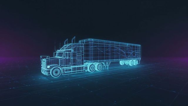 Futuristic Neon Wireframe Truck on Digital Grid