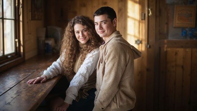Couple sharing cozy cabin moment at counter wearing knit sweaters and hoodies smiling