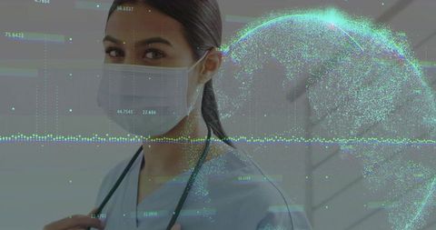 Masked nurse presenting global health data visualization in hospital hallway