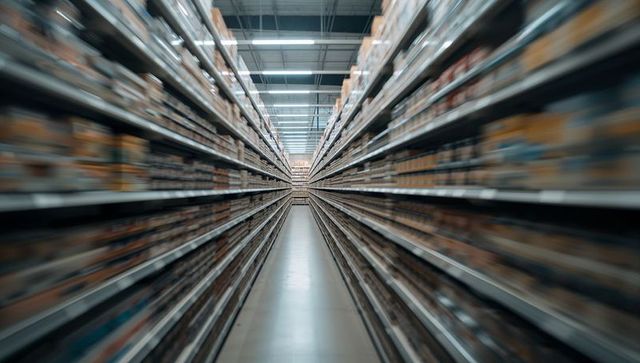 Framing empty warehouse aisle showing symmetrical metal racks, stacked boxes, motion blur