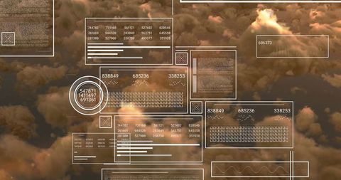 Digital interface panels above clouds representing data visualization