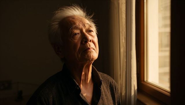 Elderly asian man gazing through window in warm sunlight, contemplative senior portrait