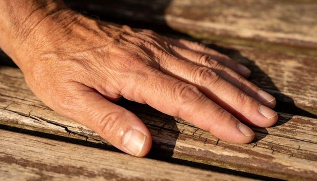 Sunlit senior hand resting on weathered wooden bench close-up showing wrinkles and veins