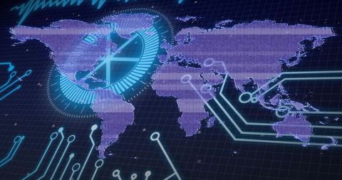 Holographic World Map Displaying Purple Scan Bands, Circular HUD, Neon Circuit Traces