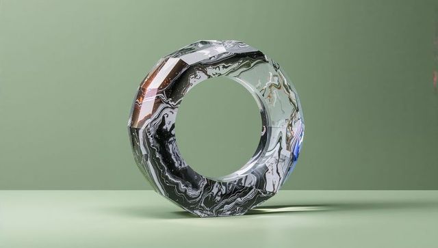 Marbled torus sculpture on green surface in minimalist style
