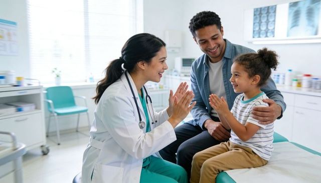Smiling pediatrician celebrating healthy checkup with happy child and supportive parent