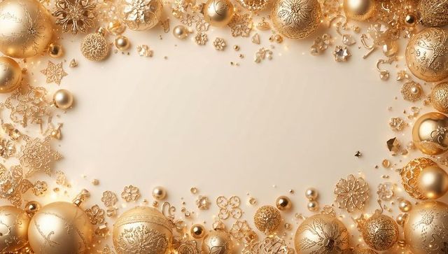 Golden Christmas Border with Ornate Baubles and Metallic Snowflake Cutouts on Cream Backdrop