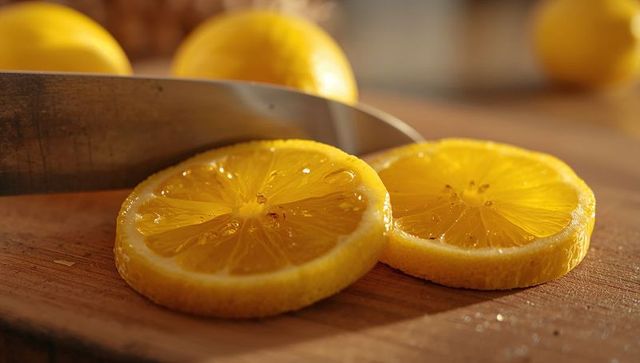 Glistening lemon slices on wooden cutting board with knife and juice droplets