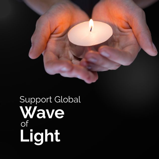 Caucasian person holding candle in hands and support global wave of light text over black background. Copy space, composite, pregnancy, infant loss, miscarriage, healthcare, awareness, prevention.