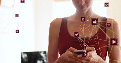 woman engaged in social media on smartphone with digital network symbols - Download Free Stock Images Pikwizard.com