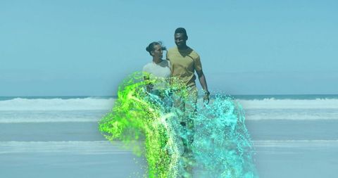 Couple Walking on Beach with Futuristic Digital Particles