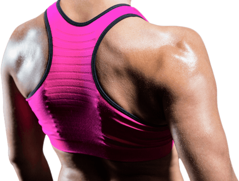 Close-up of Muscular Woman Transparent Back View in Pink Sports Bra